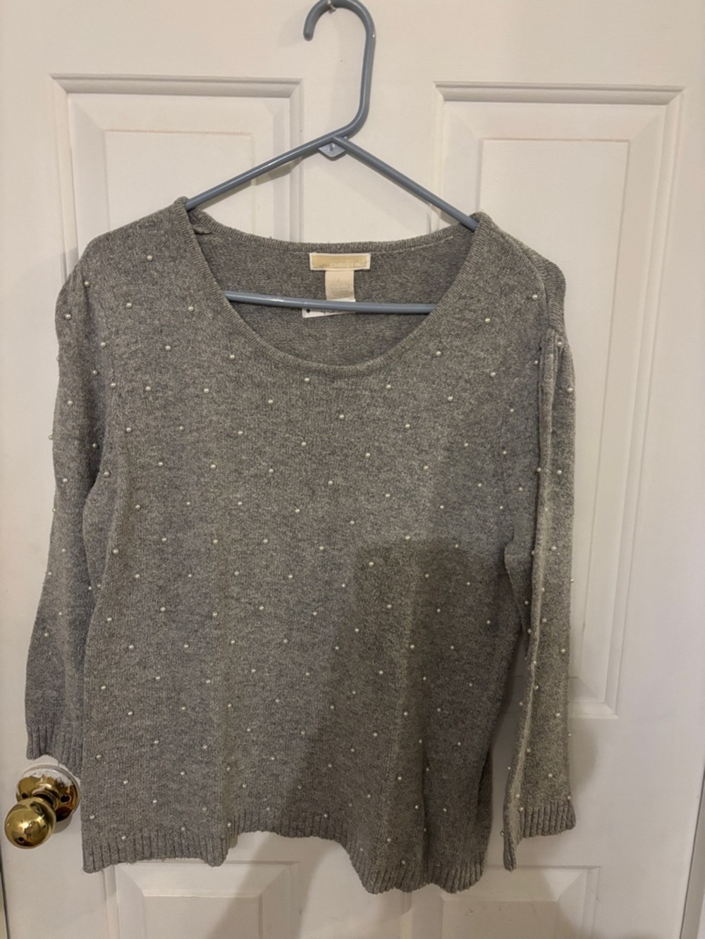 Christina Gray Crewneck Sweater with Pearl Studs